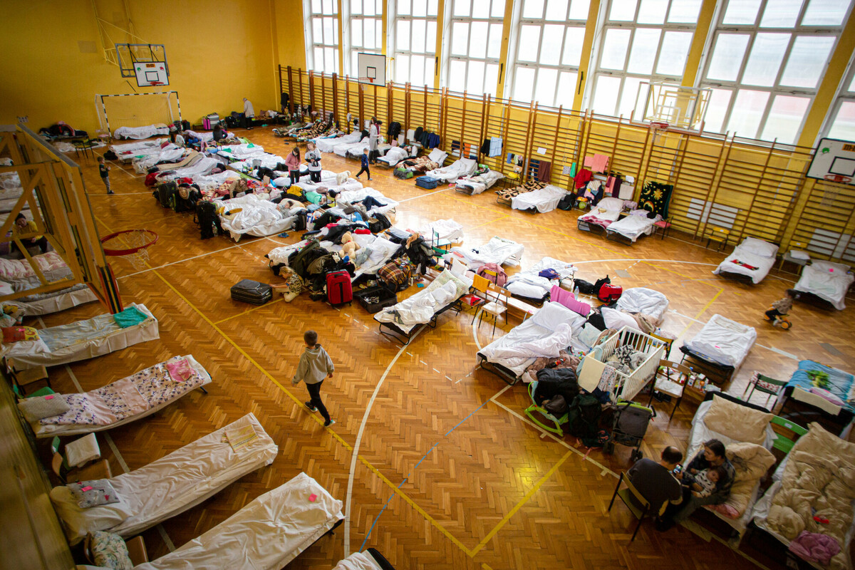 A school gym in Przemysl, Poland, that was used as a refugee reception centre in the early days of the crisis and was supported by local partners of DEC charities, including Caritas Poland. Image: Philipp Spalek/Caritas Germany